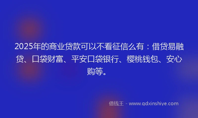 2025年的商业贷款可以不看征信么有：借贷易融贷、口袋财富、平安口袋银行、樱桃钱包、安心购等。
