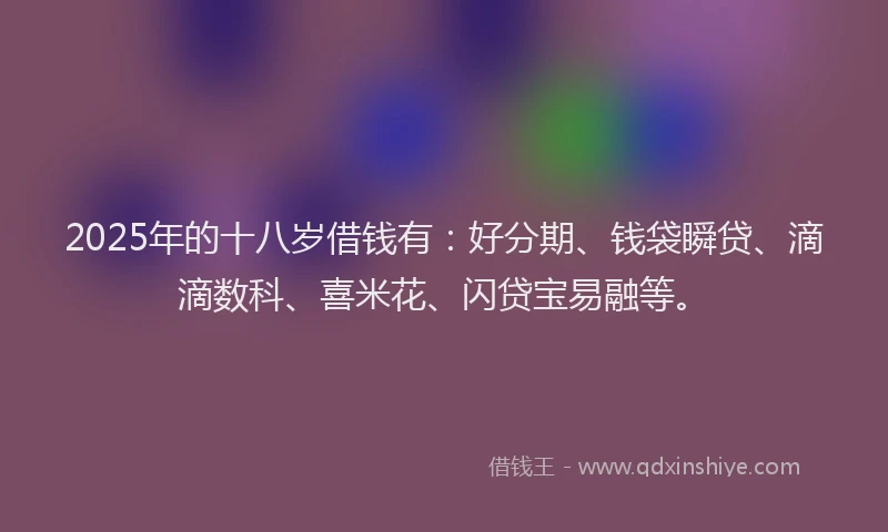 2025年的十八岁借钱有：好分期、钱袋瞬贷、滴滴数科、喜米花、闪贷宝易融等。