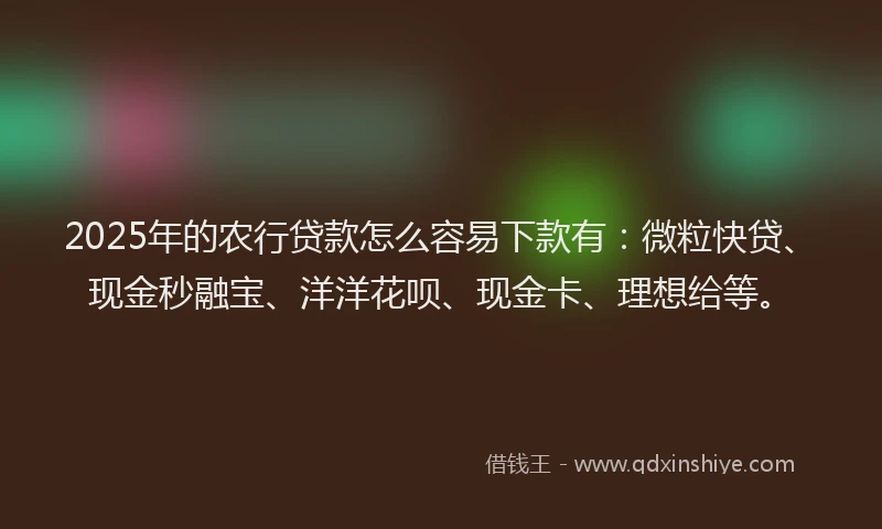 2025年的农行贷款怎么容易下款有：微粒快贷、现金秒融宝、洋洋花呗、现金卡、理想给等。