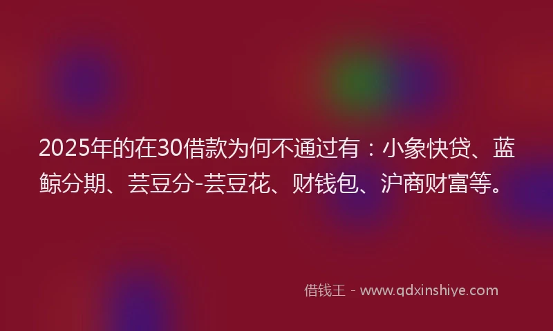 2025年的在30借款为何不通过有：小象快贷、蓝鲸分期、芸豆分-芸豆花、财钱包、沪商财富等。