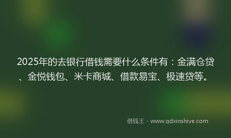 2025年的去银行借钱需要什么条件有：金满仓贷、金悦钱包、米卡商城、借款易宝、极速贷等。