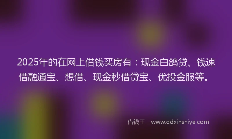 2025年的在网上借钱买房有：现金白鸽贷、钱速借融通宝、想借、现金秒借贷宝、优投金服等。