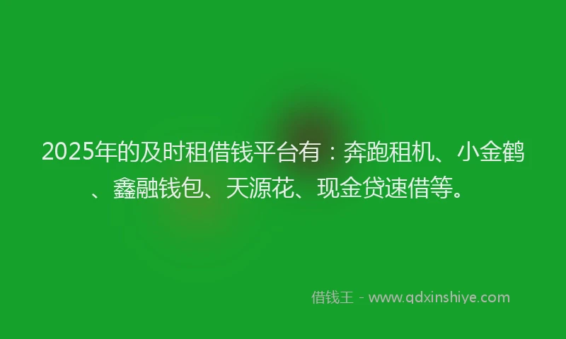 2025年的及时租借钱平台有：奔跑租机、小金鹤、鑫融钱包、天源花、现金贷速借等。