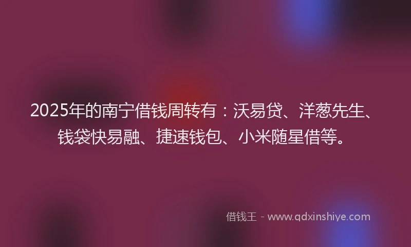 2025年的南宁借钱周转有：沃易贷、洋葱先生、钱袋快易融、捷速钱包、小米随星借等。