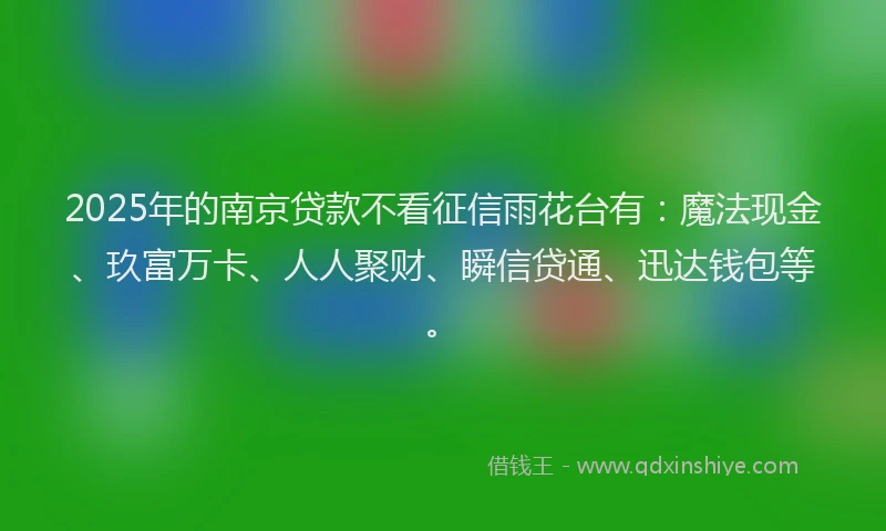 2025年的南京贷款不看征信雨花台有：魔法现金、玖富万卡、人人聚财、瞬信贷通、迅达钱包等。