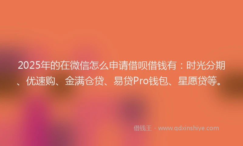 2025年的在微信怎么申请借呗借钱有：时光分期、优速购、金满仓贷、易贷Pro钱包、星愿贷等。
