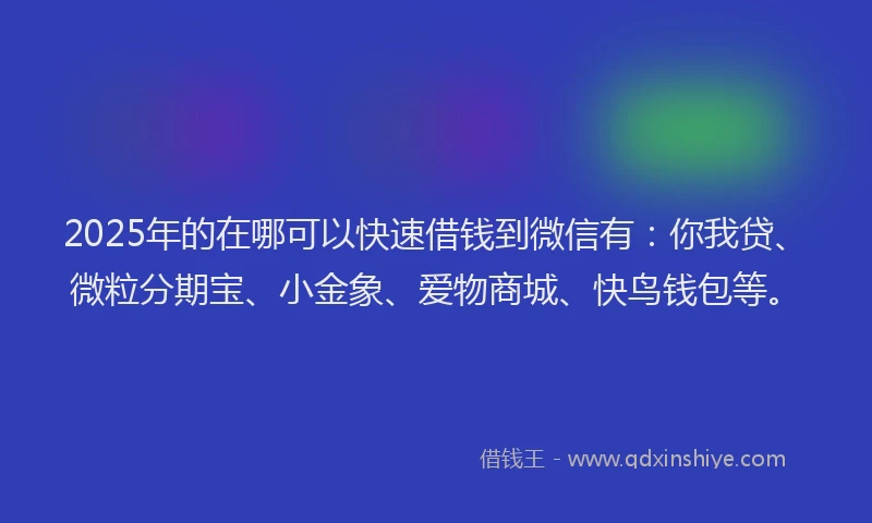 2025年的在哪可以快速借钱到微信有：你我贷、微粒分期宝、小金象、爱物商城、快鸟钱包等。
