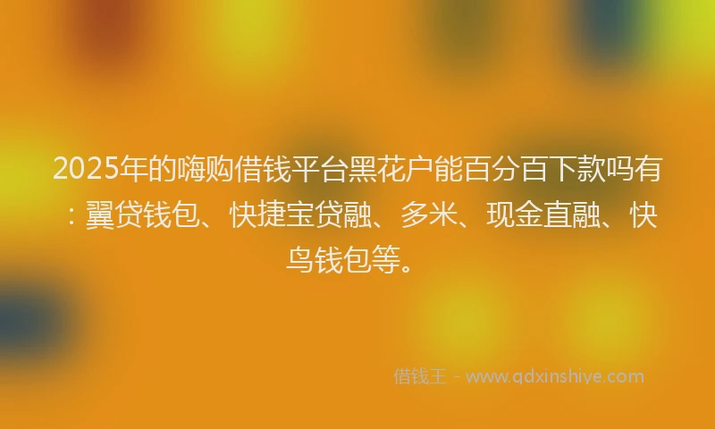 2025年的嗨购借钱平台黑花户能百分百下款吗有：翼贷钱包、快捷宝贷融、多米、现金直融、快鸟钱包等。