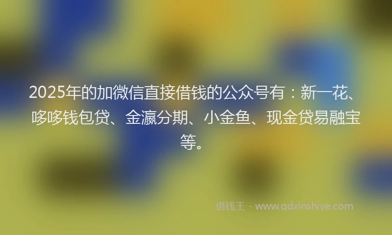 2025年的加微信直接借钱的公众号有：新一花、哆哆钱包贷、金瀛分期、小金鱼、现金贷易融宝等。