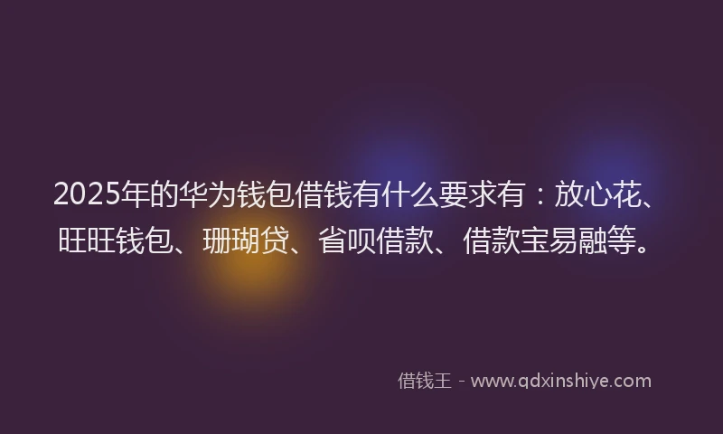 2025年的华为钱包借钱有什么要求有：放心花、旺旺钱包、珊瑚贷、省呗借款、借款宝易融等。