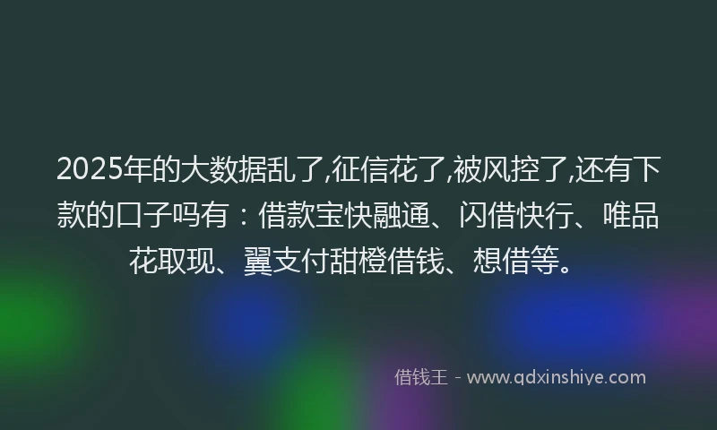2025年的大数据乱了,征信花了,被风控了,还有下款的口子吗有：借款宝快融通、闪借快行、唯品花取现、翼支付甜橙借钱、想借等。