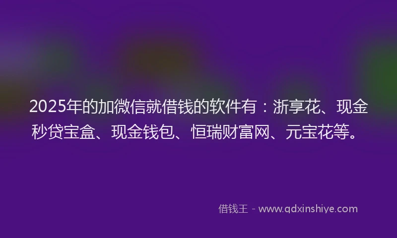 2025年的加微信就借钱的软件有：浙享花、现金秒贷宝盒、现金钱包、恒瑞财富网、元宝花等。