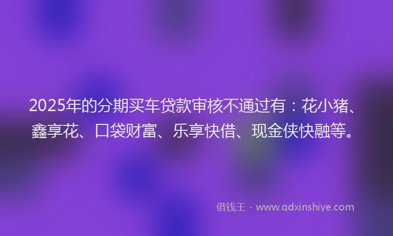 2025年的分期买车贷款审核不通过有：花小猪、鑫享花、口袋财富、乐享快借、现金侠快融等。