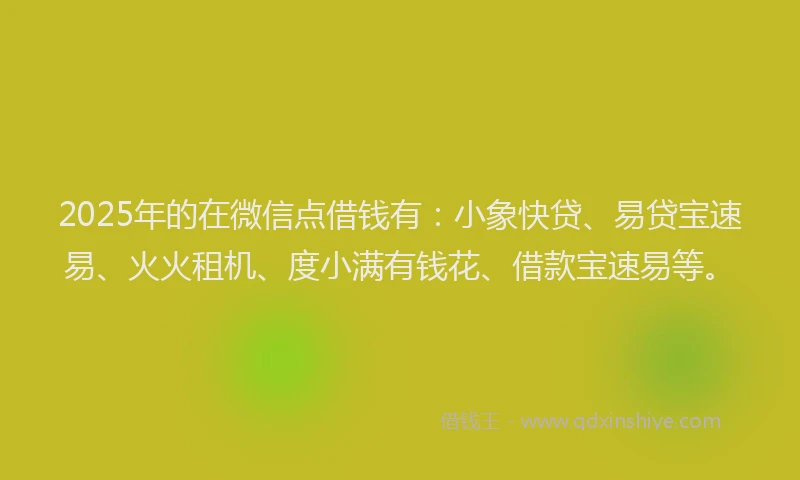 2025年的在微信点借钱有：小象快贷、易贷宝速易、火火租机、度小满有钱花、借款宝速易等。