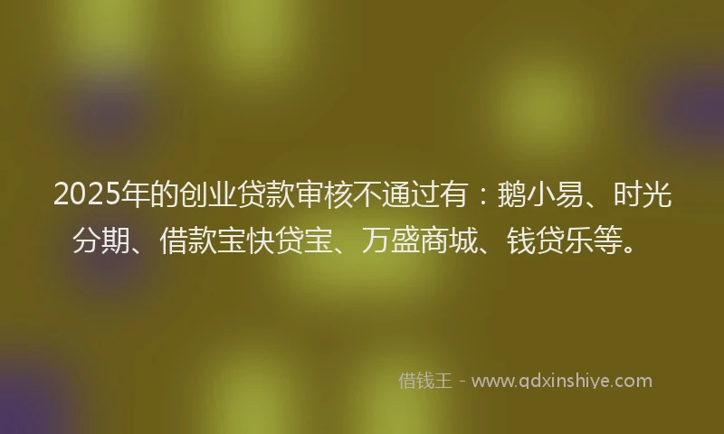 2025年的创业贷款审核不通过有：鹅小易、时光分期、借款宝快贷宝、万盛商城、钱贷乐等。
