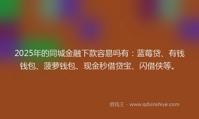 2025年的同城金融下款容易吗有：蓝莓贷、有钱钱包、菠萝钱包、现金秒借贷宝、闪借侠等。