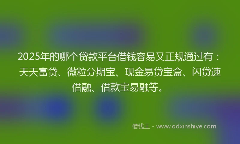 2025年的哪个贷款平台借钱容易又正规通过有：天天富贷、微粒分期宝、现金易贷宝盒、闪贷速借融、借款宝易融等。