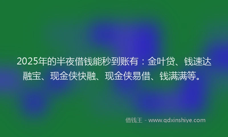 2025年的半夜借钱能秒到账有：金叶贷、钱速达融宝、现金侠快融、现金侠易借、钱满满等。