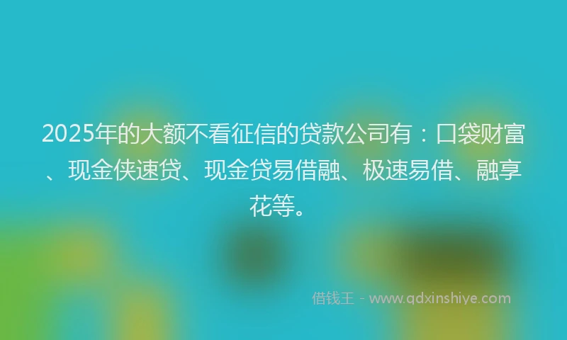 2025年的大额不看征信的贷款公司有：口袋财富、现金侠速贷、现金贷易借融、极速易借、融享花等。