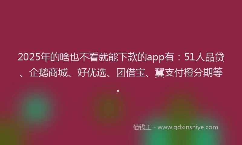 2025年的啥也不看就能下款的app有：51人品贷、企鹅商城、好优选、团借宝、翼支付橙分期等。