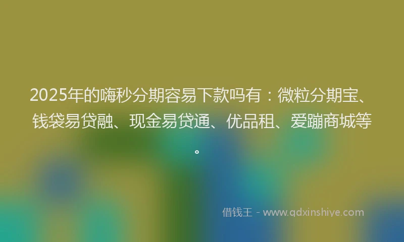2025年的嗨秒分期容易下款吗有：微粒分期宝、钱袋易贷融、现金易贷通、优品租、爱蹦商城等。
