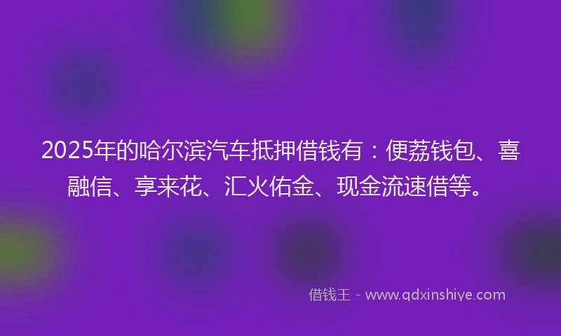 2025年的哈尔滨汽车抵押借钱有：便荔钱包、喜融信、享来花、汇火佑金、现金流速借等。