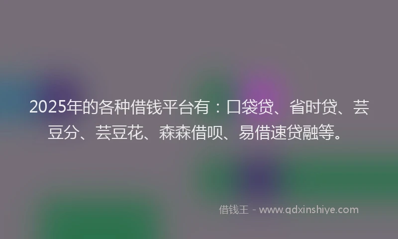 2025年的各种借钱平台有：口袋贷、省时贷、芸豆分、芸豆花、森森借呗、易借速贷融等。