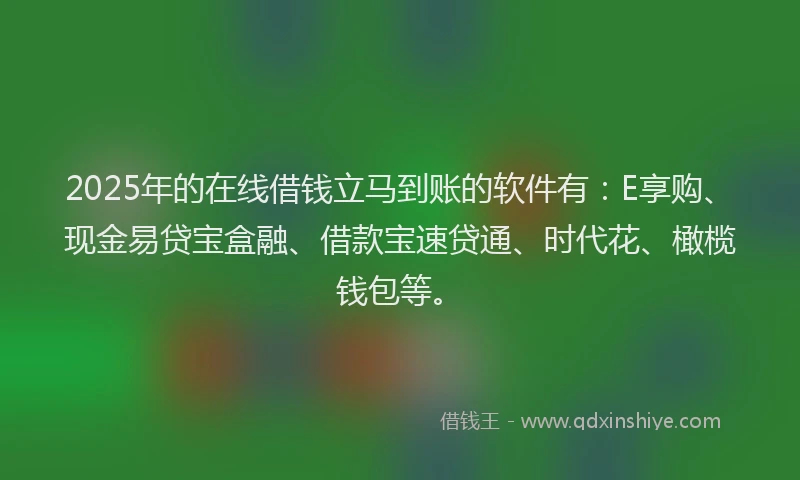 2025年的在线借钱立马到账的软件有：E享购、现金易贷宝盒融、借款宝速贷通、时代花、橄榄钱包等。