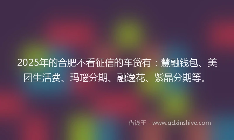 2025年的合肥不看征信的车贷有：慧融钱包、美团生活费、玛瑙分期、融逸花、紫晶分期等。
