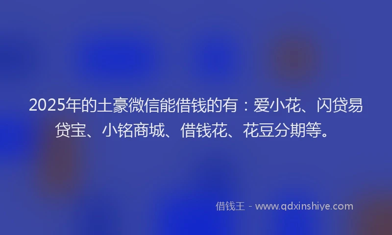 2025年的土豪微信能借钱的有：爱小花、闪贷易贷宝、小铭商城、借钱花、花豆分期等。