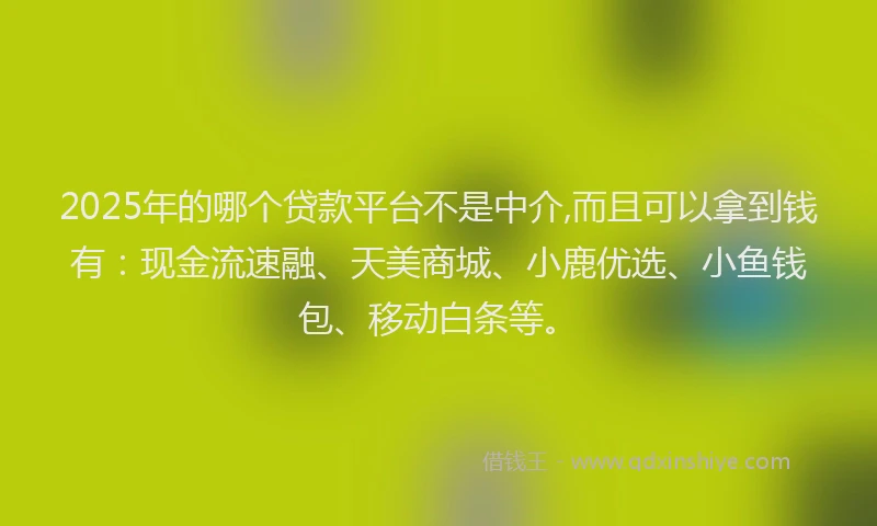 2025年的哪个贷款平台不是中介,而且可以拿到钱有：现金流速融、天美商城、小鹿优选、小鱼钱包、移动白条等。