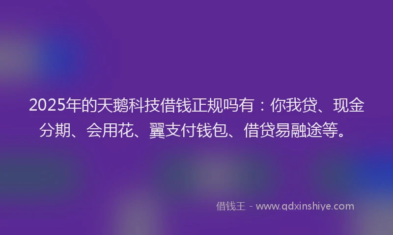 2025年的天鹅科技借钱正规吗有：你我贷、现金分期、会用花、翼支付钱包、借贷易融途等。