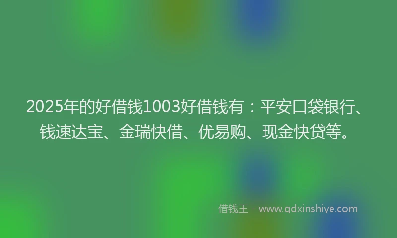 2025年的好借钱1003好借钱有：平安口袋银行、钱速达宝、金瑞快借、优易购、现金快贷等。