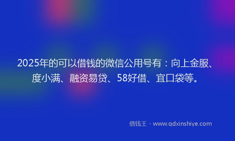 2025年的可以借钱的微信公用号有：向上金服、度小满、融资易贷、58好借、宜口袋等。