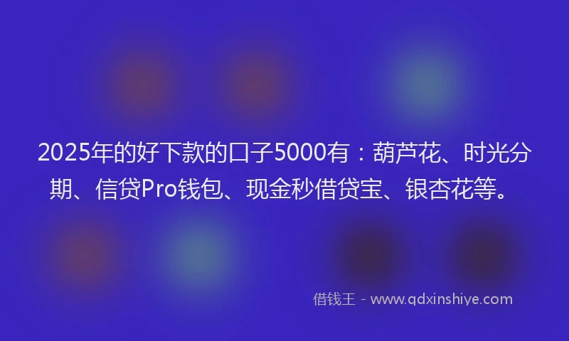 2025年的好下款的口子5000有：葫芦花、时光分期、信贷Pro钱包、现金秒借贷宝、银杏花等。