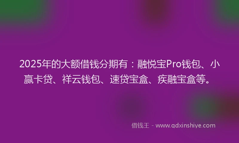 2025年的大额借钱分期有：融悦宝Pro钱包、小赢卡贷、祥云钱包、速贷宝盒、疾融宝盒等。