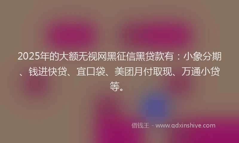 2025年的大额无视网黑征信黑贷款有：小象分期、钱进快贷、宜口袋、美团月付取现、万通小贷等。