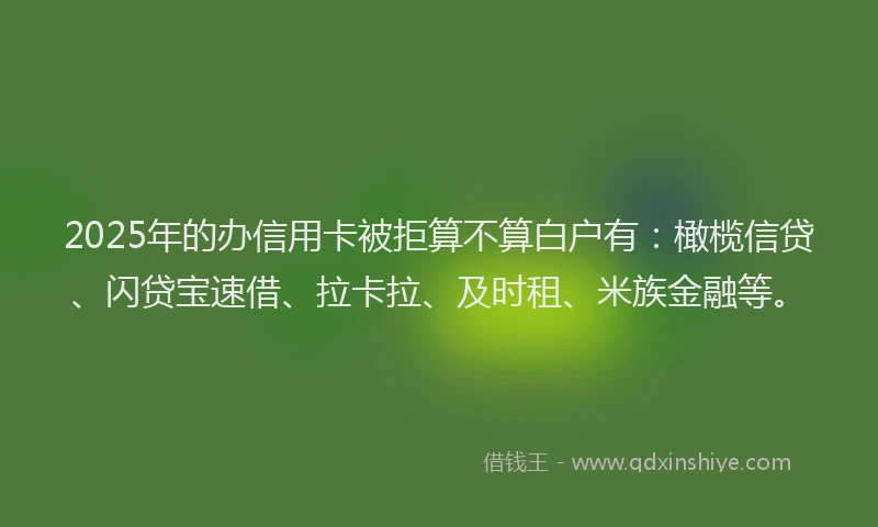 2025年的办信用卡被拒算不算白户有：橄榄信贷、闪贷宝速借、拉卡拉、及时租、米族金融等。