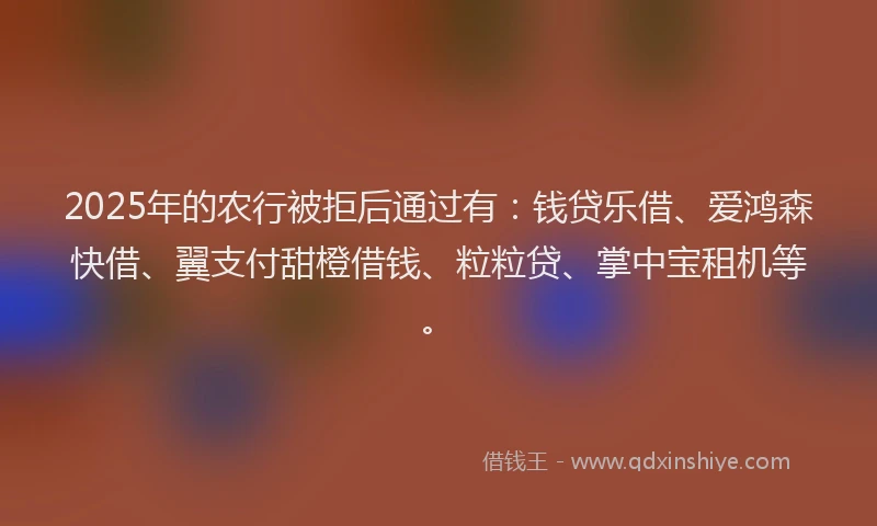 2025年的农行被拒后通过有：钱贷乐借、爱鸿森快借、翼支付甜橙借钱、粒粒贷、掌中宝租机等。
