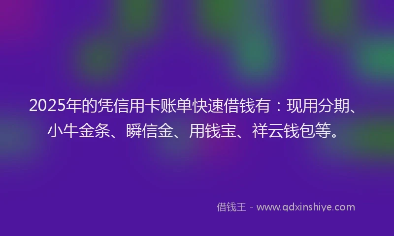 2025年的凭信用卡账单快速借钱有：现用分期、小牛金条、瞬信金、用钱宝、祥云钱包等。