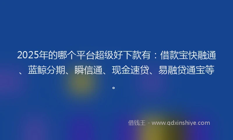 2025年的哪个平台超级好下款有:借款宝快融通、蓝鲸分期、瞬信通、现金速贷、易融贷通宝等。