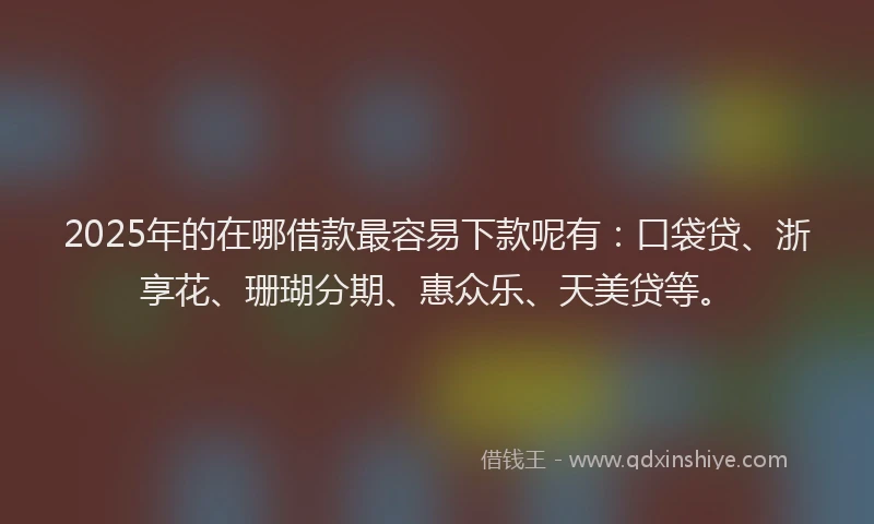 2025年的在哪借款最容易下款呢有：口袋贷、浙享花、珊瑚分期、惠众乐、天美贷等。