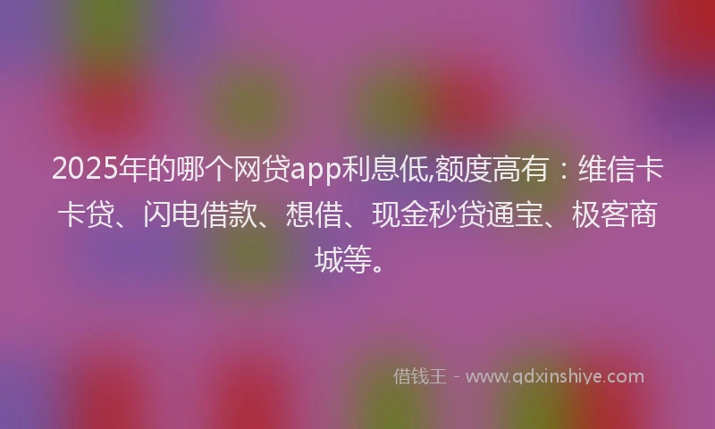 2025年的哪个网贷app利息低,额度高有：维信卡卡贷、闪电借款、想借、现金秒贷通宝、极客商城等。