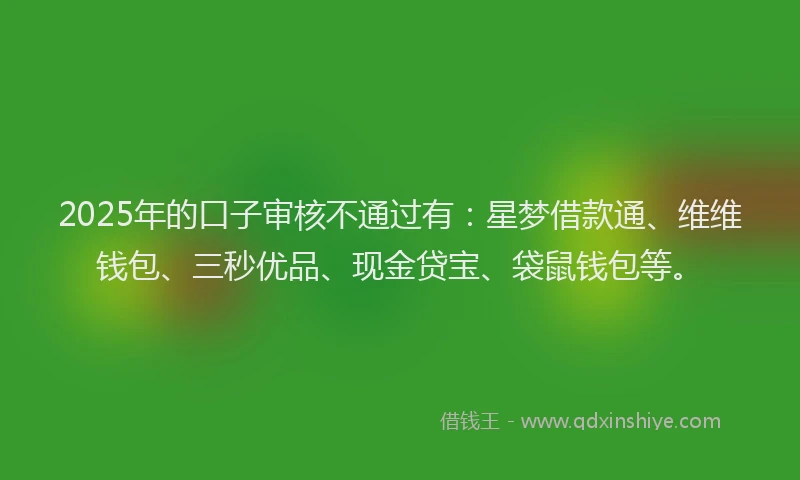 2025年的口子审核不通过有：星梦借款通、维维钱包、三秒优品、现金贷宝、袋鼠钱包等。