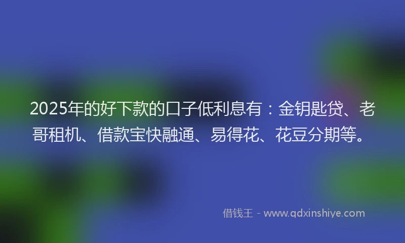 2025年的好下款的口子低利息有：金钥匙贷、老哥租机、借款宝快融通、易得花、花豆分期等。