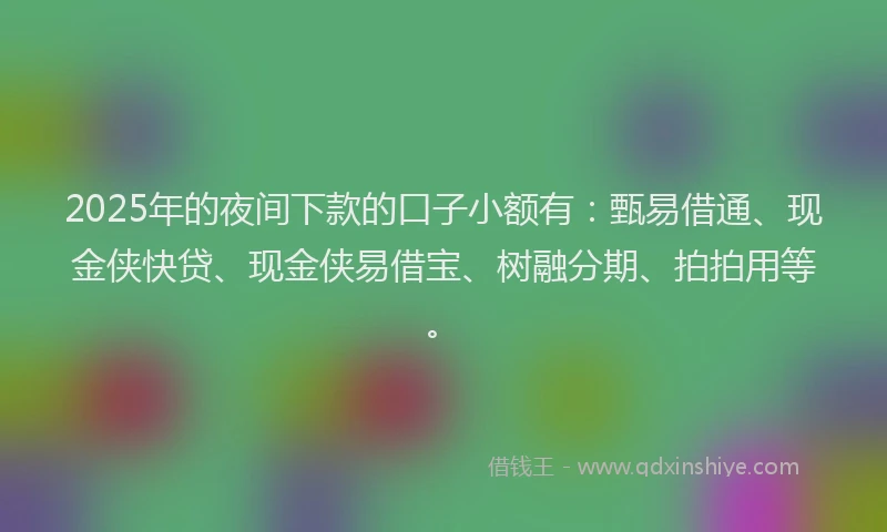 2025年的夜间下款的口子小额有：甄易借通、现金侠快贷、现金侠易借宝、树融分期、拍拍用等。