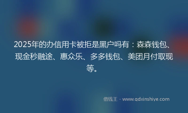 2025年的办信用卡被拒是黑户吗有：森森钱包、现金秒融途、惠众乐、多多钱包、美团月付取现等。