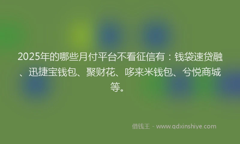 2025年的哪些月付平台不看征信有：钱袋速贷融、迅捷宝钱包、聚财花、哆来米钱包、兮悦商城等。