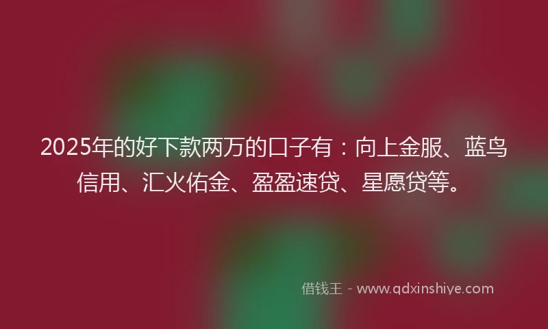 2025年的好下款两万的口子有：向上金服、蓝鸟信用、汇火佑金、盈盈速贷、星愿贷等。