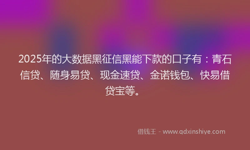 2025年的大数据黑征信黑能下款的口子有：青石信贷、随身易贷、现金速贷、金诺钱包、快易借贷宝等。